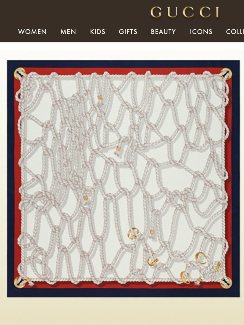 Display #1 GUCCI Ivory Rope-Print Silk Scarf with Navy and Red Trim